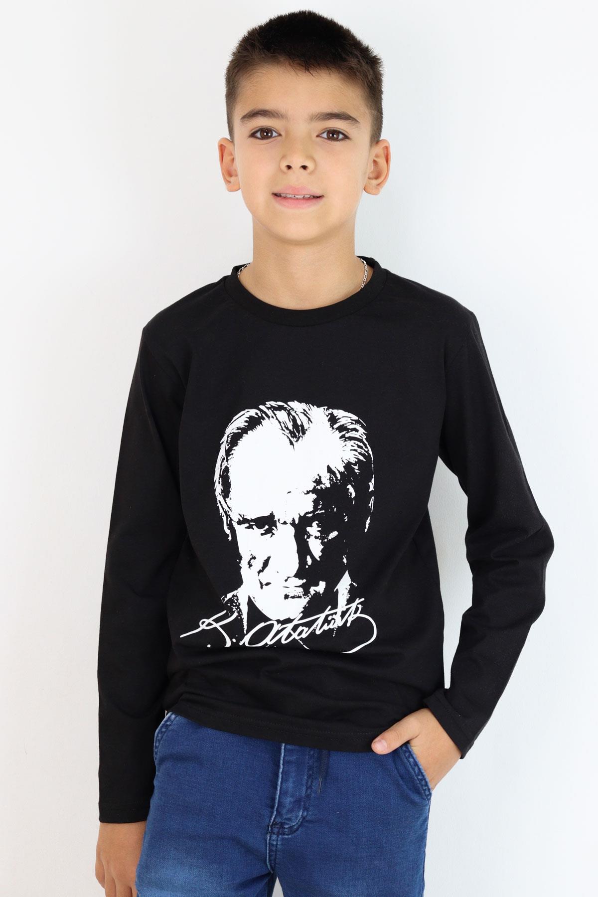 Alg Erkek Çocuk Uzun Kollu Tişört Atatürk Portre Ve İmzalı Siyah (2-17 Yaş)