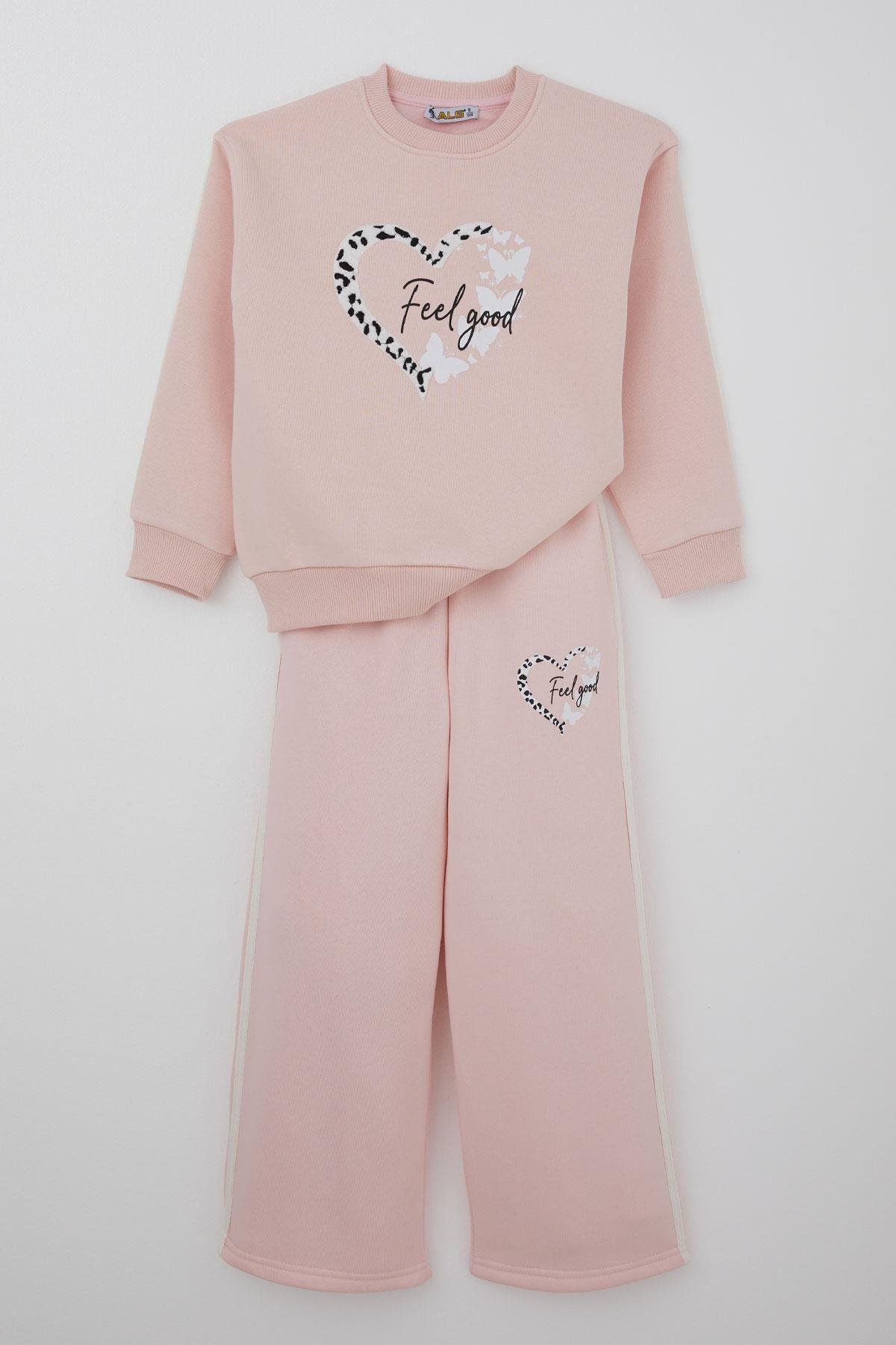 Alg Kız Çocuk Eşofman Takımı Kelebek & Kalp Baskılı Pembe (6-9 Yaş)