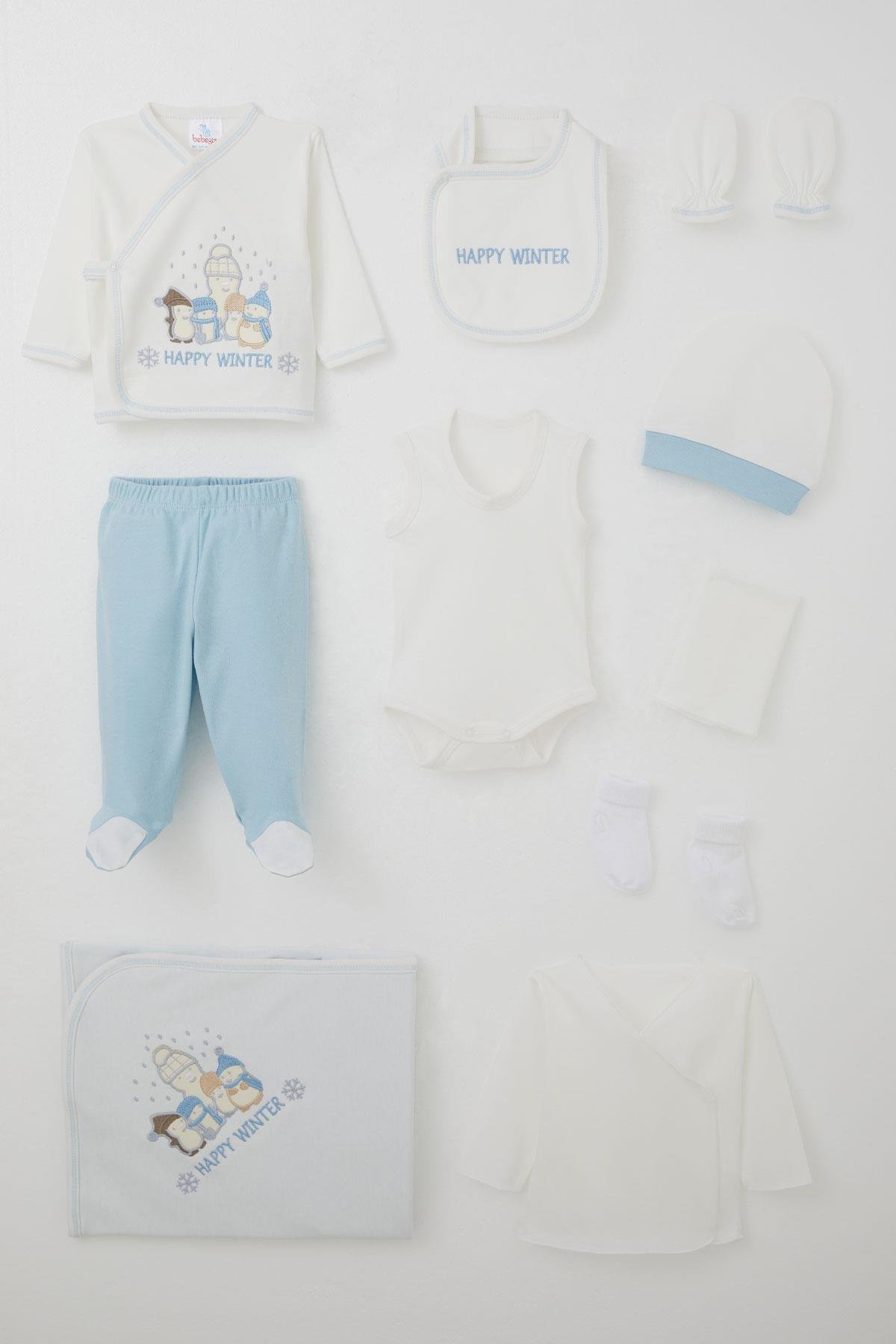 Bebeğiz Erkek Bebek Hastane Çıkışı 10 lu Kış Temalı Kardan Adam Ailesi Nakışlı Beyaz (0-3 Ay)
