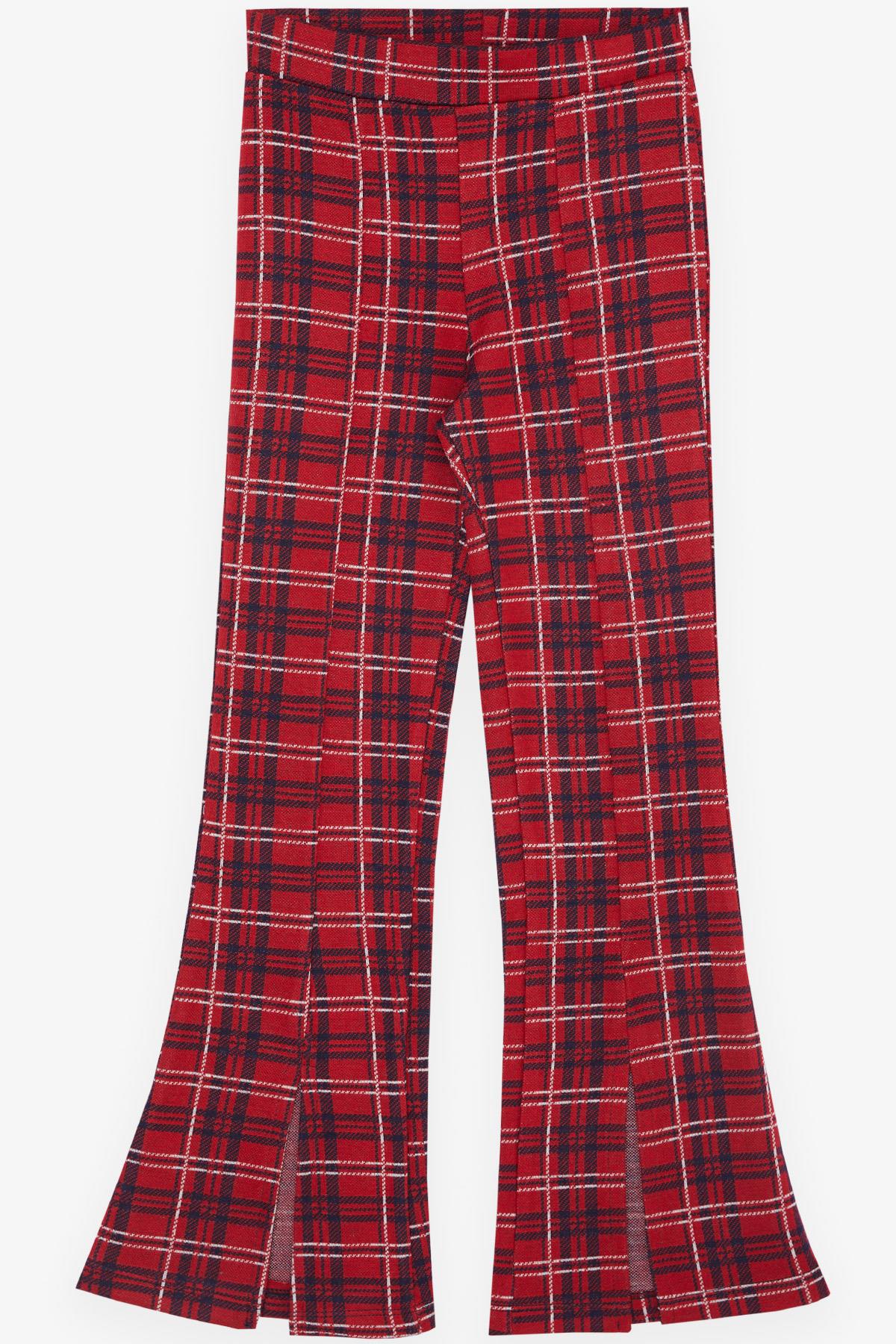 BEBEĞİZ Kız Çocuk Tayt Ekose Desenli Paçası Geniş Yırtmaçlı Kırmızı (8-12 Yaş)