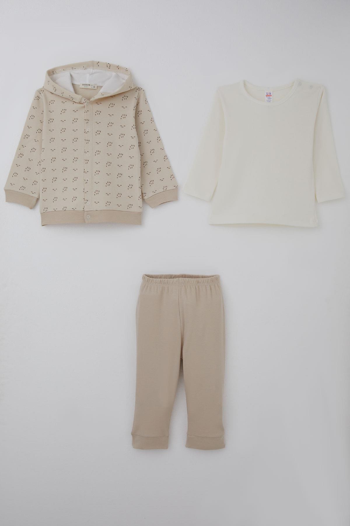 Breeze Erkek Bebek Bodyli 3 lü Takım Desenli Bej (4 Ay-1 Yaş)