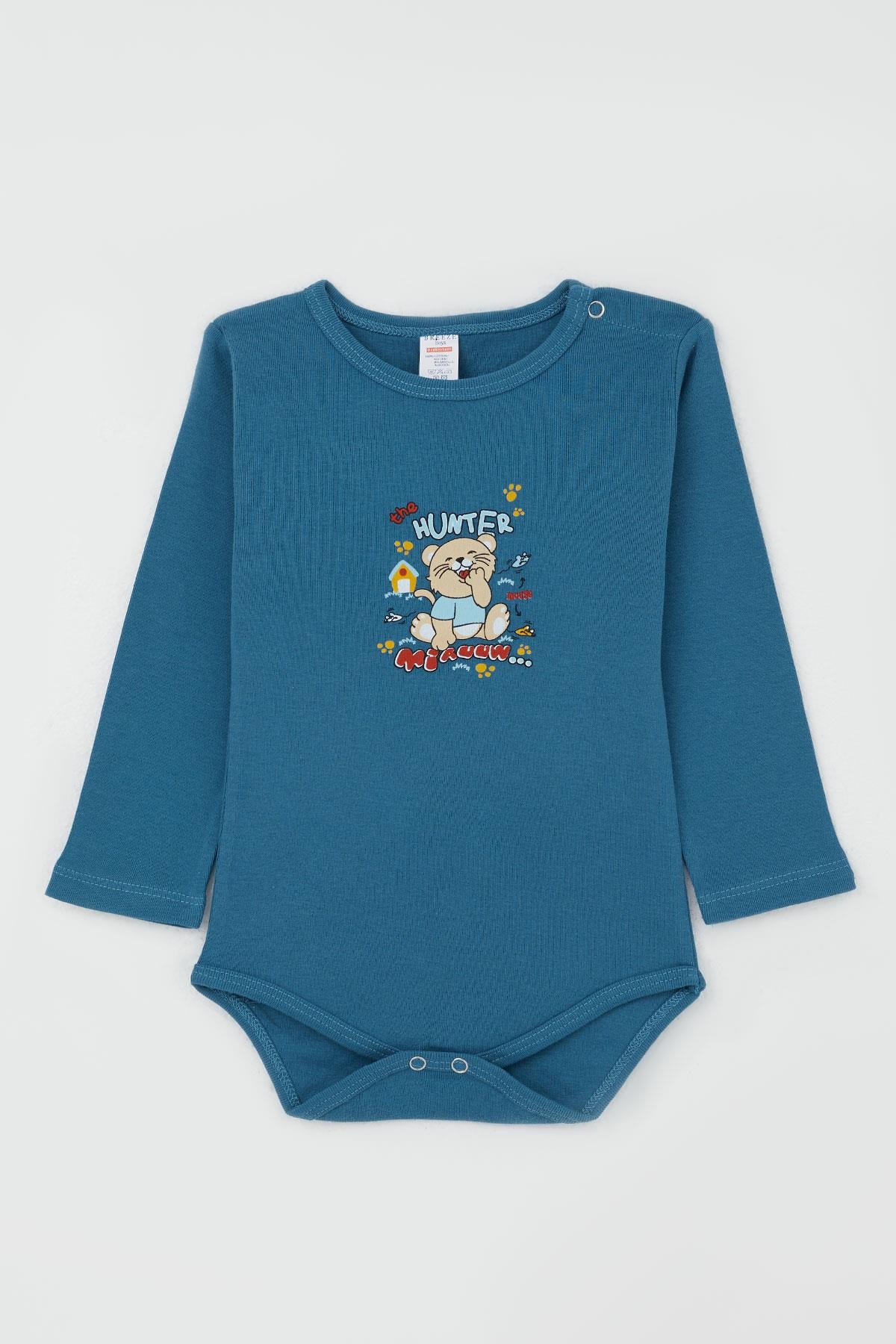 Breeze Erkek Bebek Çıtçıtlı Body Avcı Kedicik Baskılı İndigo (9 Ay-3 Yaş)