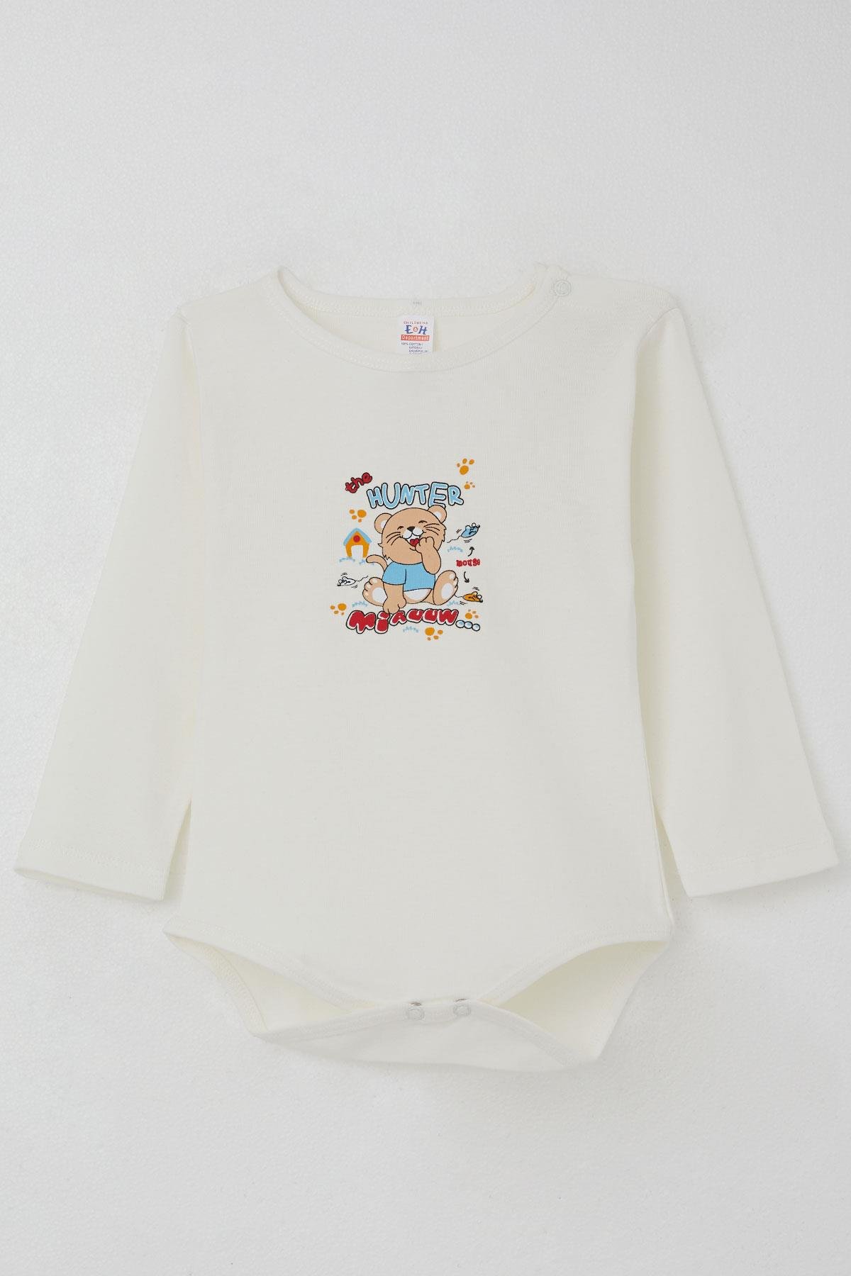 Breeze Erkek Bebek Çıtçıtlı Body Avcı Kedicik Baskılı Ekru (9 Ay-3 Yaş)