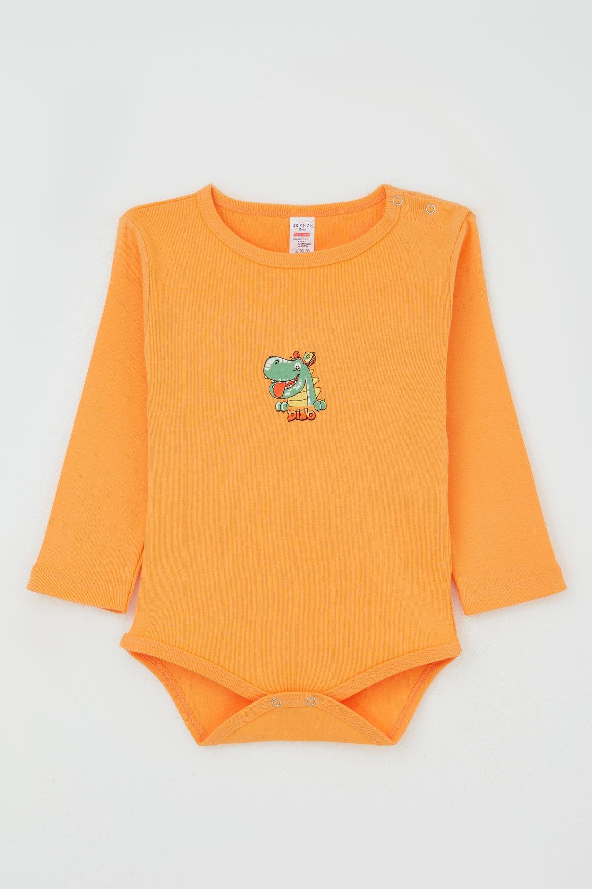 Breeze Erkek Bebek Çıtçıtlı Zıbın Body Mutlu Dinozor Baskılı Somon (9 Ay-3 Yaş)