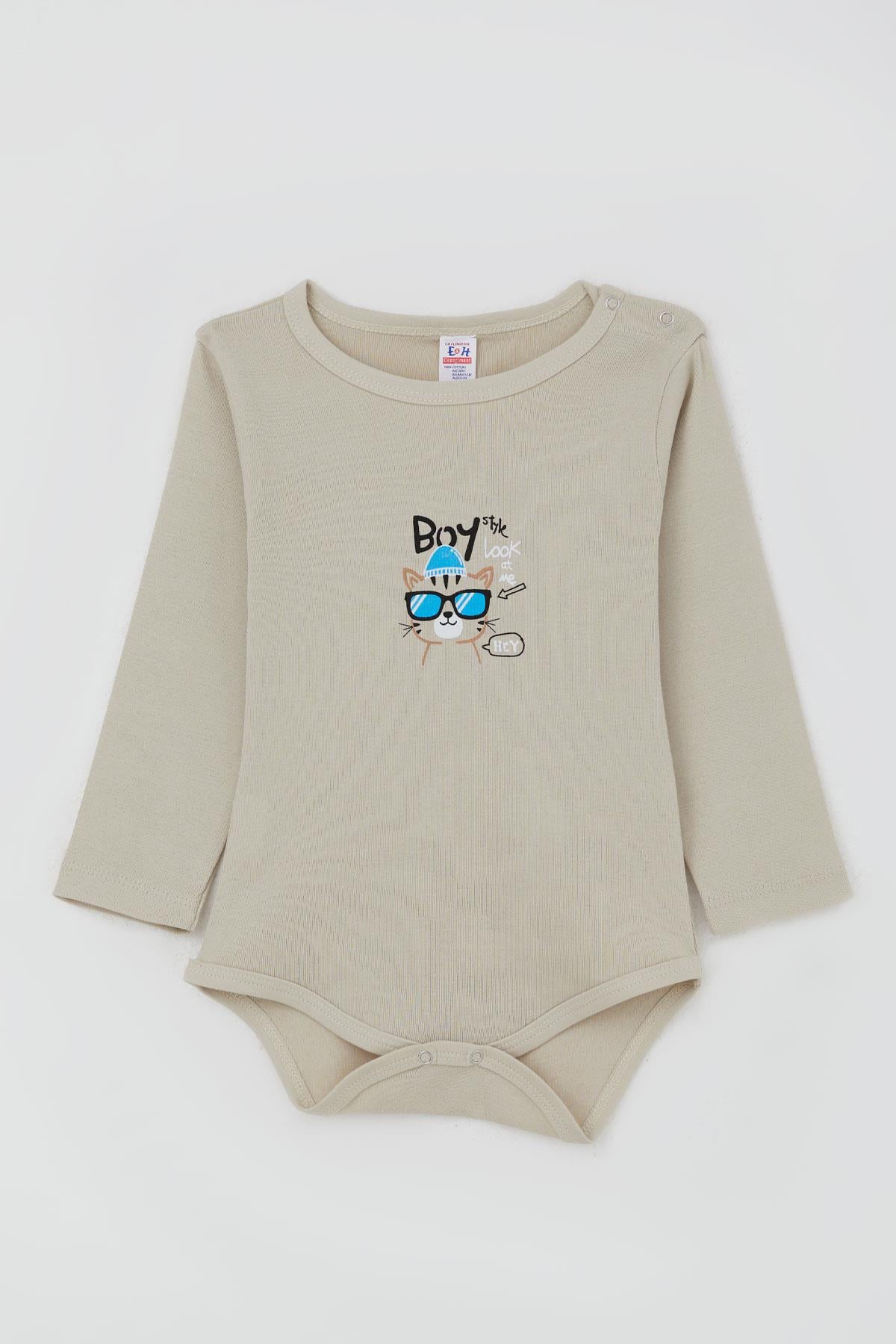 Breeze Erkek Bebek Çıtçıtlı Zıbın Body Gözlüklü Kedicik Baskılı Taş (9 Ay-3 Yaş)