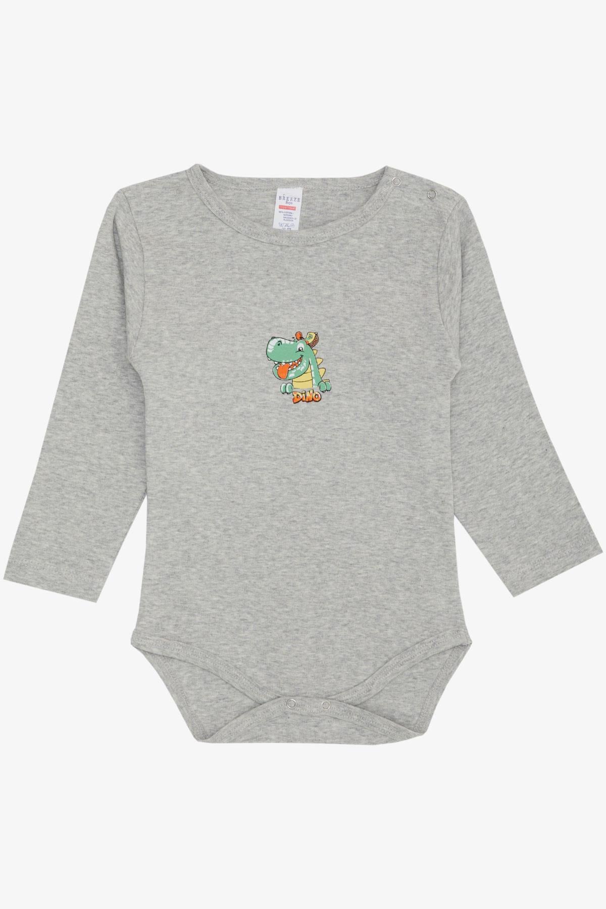 Breeze Erkek Bebek Çıtçıtlı Zıbın Body Mutlu Dinozor Baskılı Gri Melanj (9 Ay-3 Yaş)