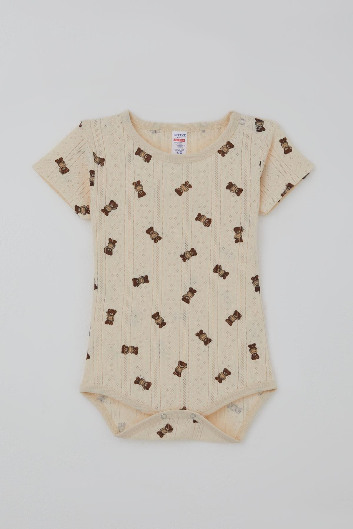 Breeze Erkek Bebek Çıtçıtlı Zıbın Body Sevimli Ayıcık Desenli Jakarlı Krem (9 Ay-3 Yaş)