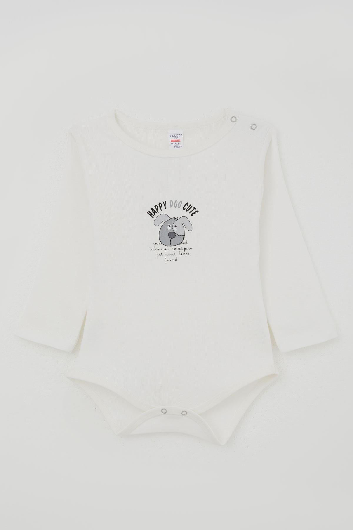 Breeze Erkek Bebek Çıtçıtlı Zıbın Body Sevimli Köpekçik Baskılı Ekru (9 Ay-3 Yaş)