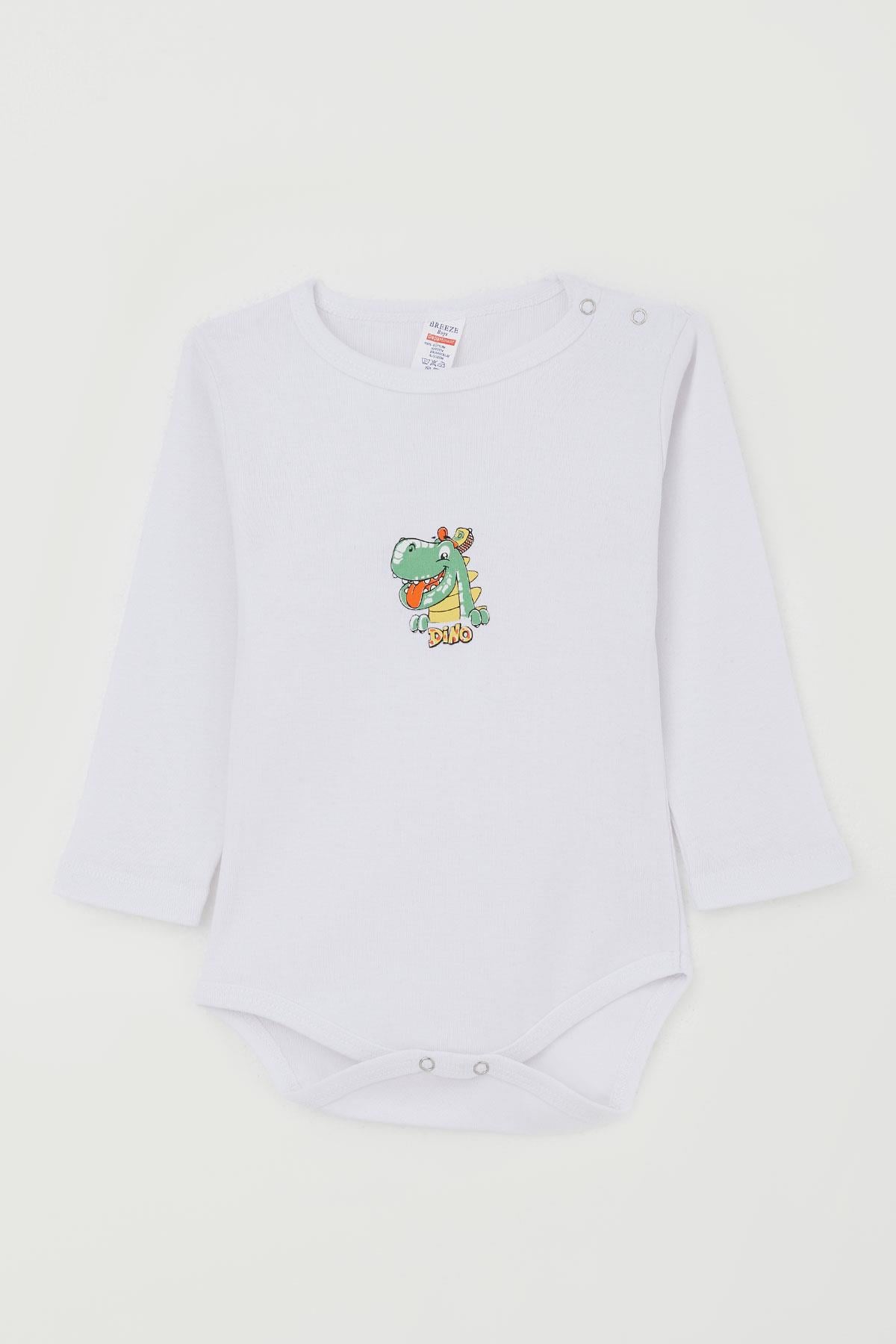 Breeze Erkek Bebek Çıtçıtlı Zıbın Body Mutlu Dinozor Baskılı Beyaz (9 Ay-3 Yaş)