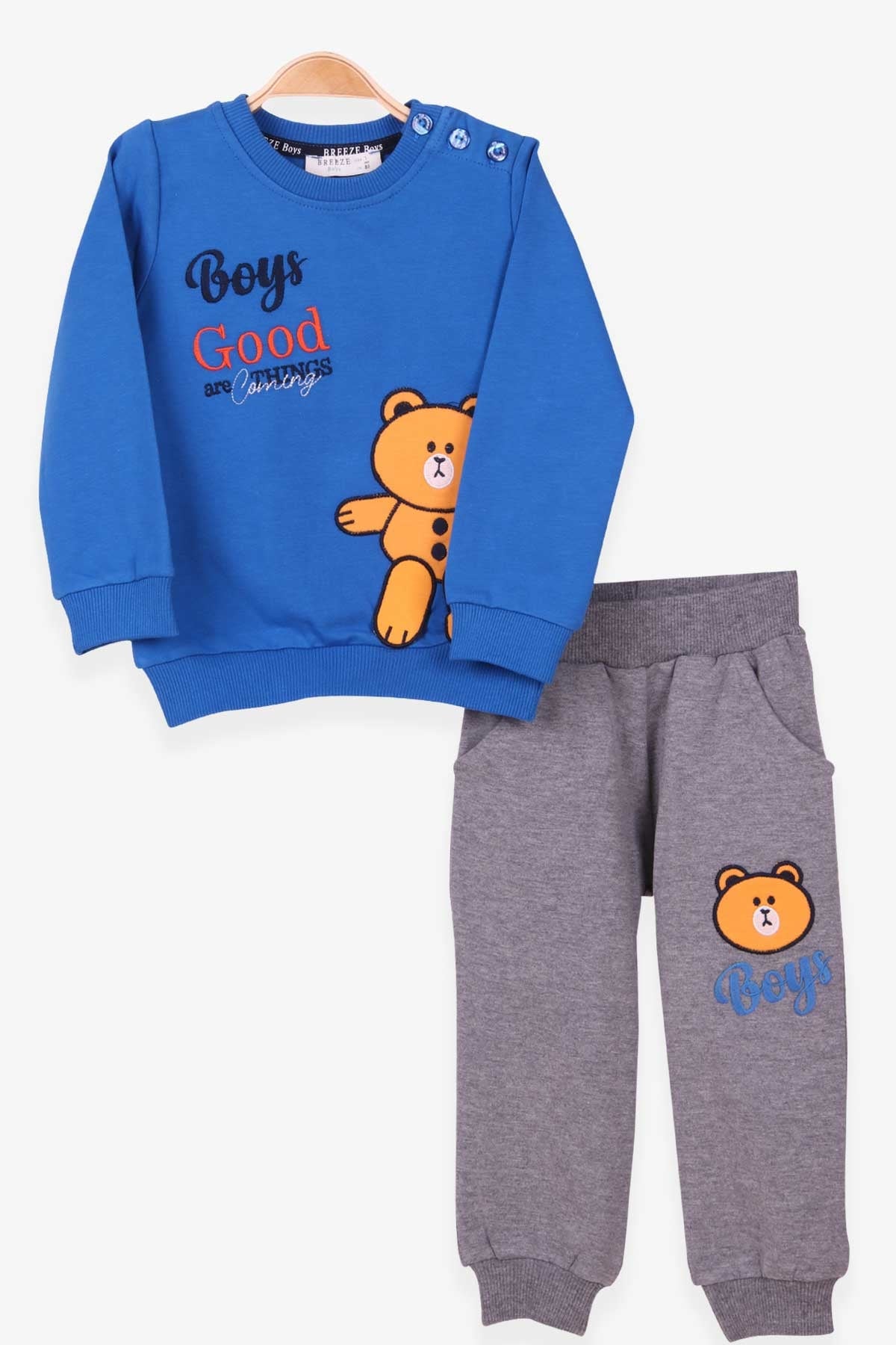Breeze Erkek Bebek Eşofman Takım Ayı Nakışlı Saks Mavisi (9 Ay-3 Yaş)