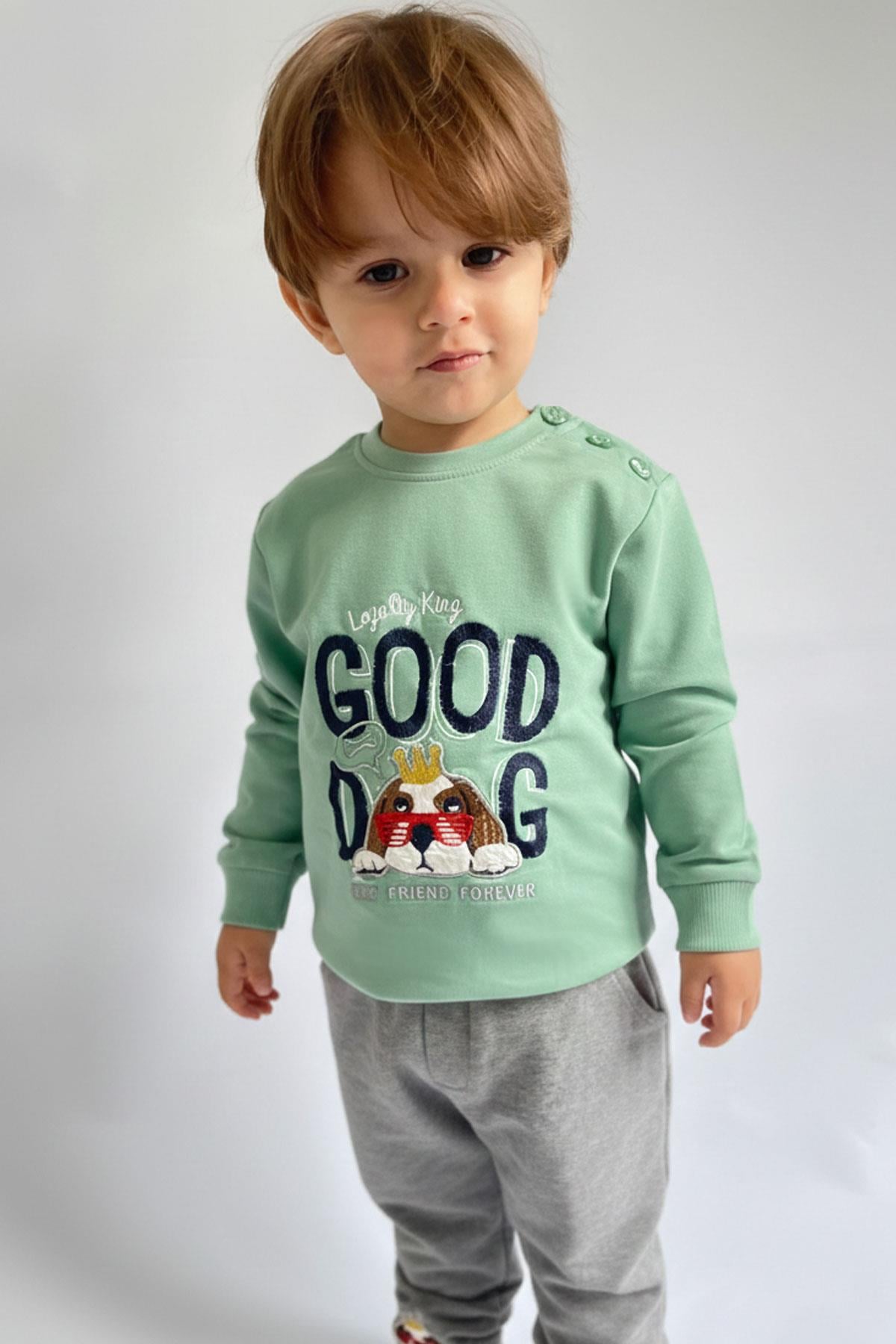 Breeze Erkek Bebek Eşofman Takım Sevimli Kral Köpekçik Nakışlı Mint Yeşili (6 Ay-1.5 Yaş)