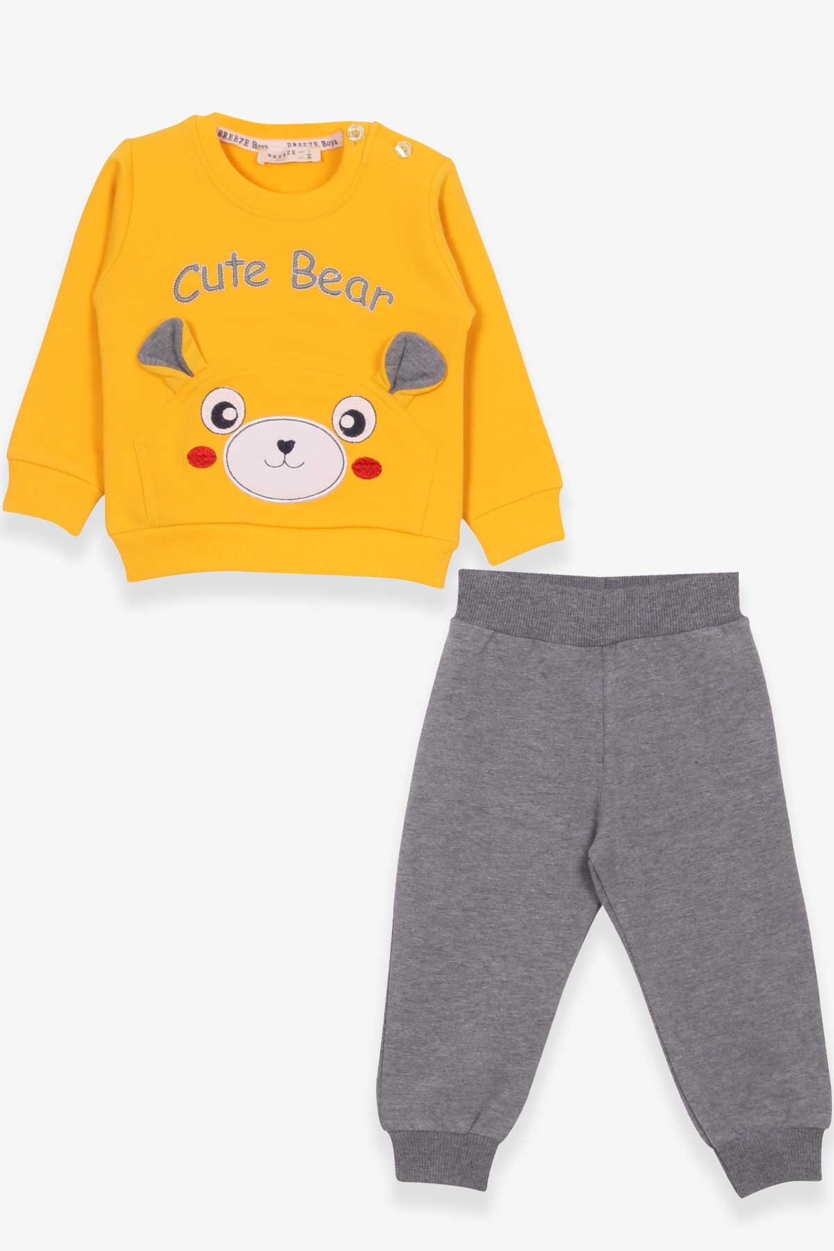 Breeze Erkek Bebek Eşofman Takımı Ayıcıklı Nakışlı Sarı (9 Ay-3 Yaş)