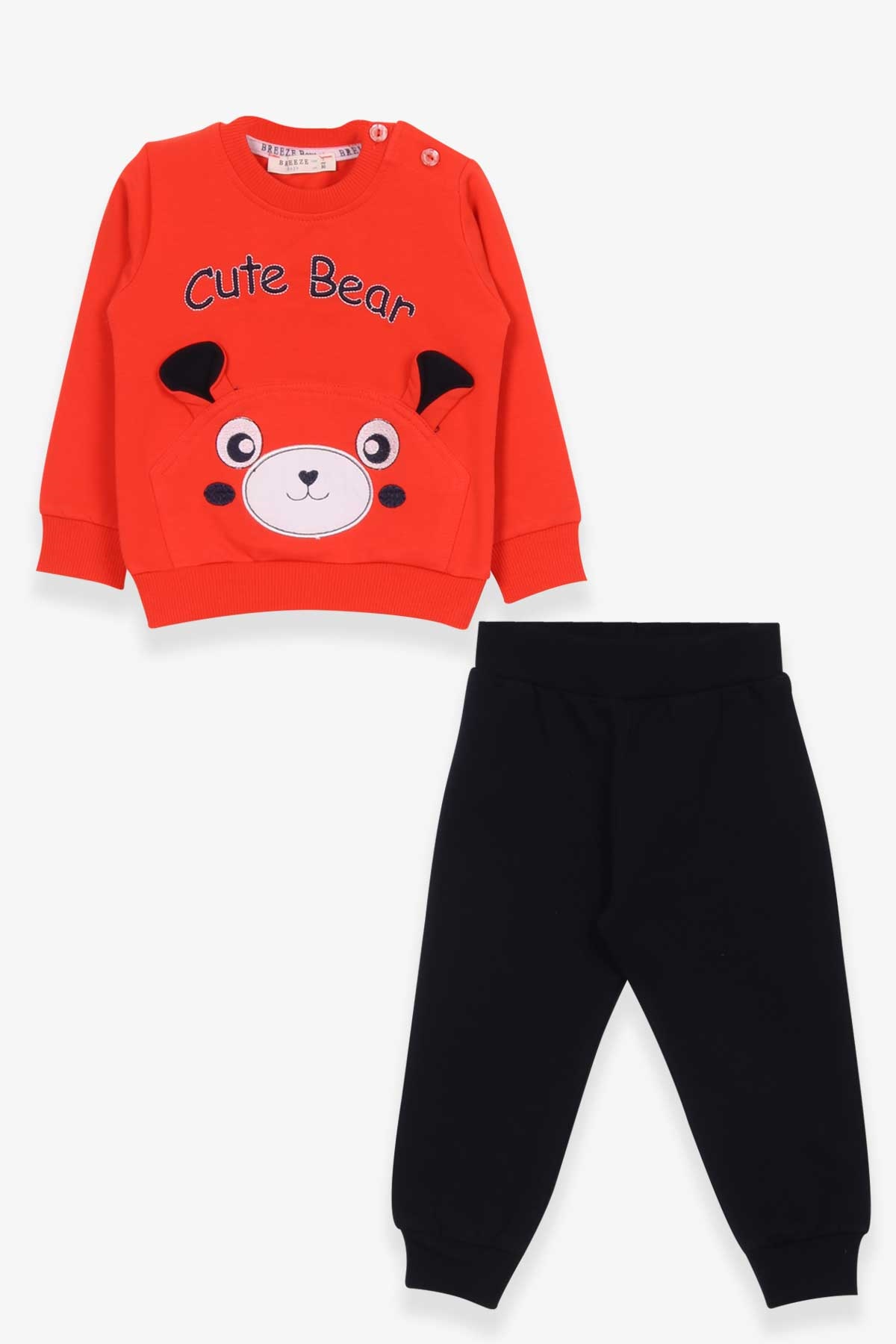 Breeze Erkek Bebek Eşofman Takımı Ayıcıklı Nakışlı Turuncu (9 Ay-3 Yaş)
