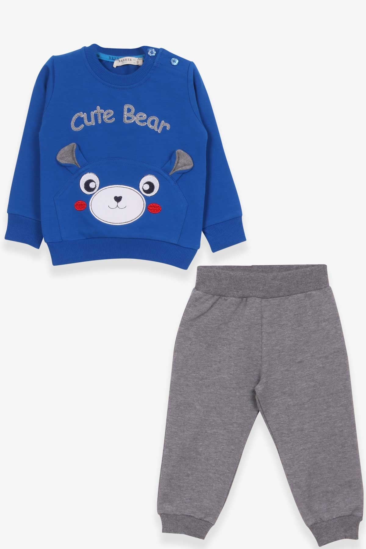 Breeze Erkek Bebek Eşofman Takımı Ayıcıklı Nakışlı Saks Mavisi (9 Ay-3 Yaş)