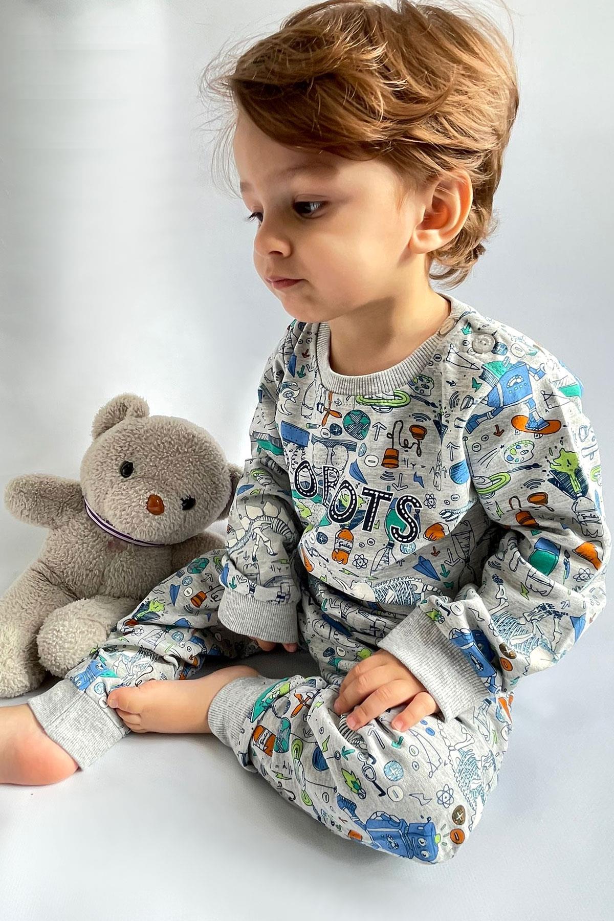 Breeze Erkek Bebek Eşofman Takımı Baskılı Desenli Bej (6 Ay-2 Yaş)
