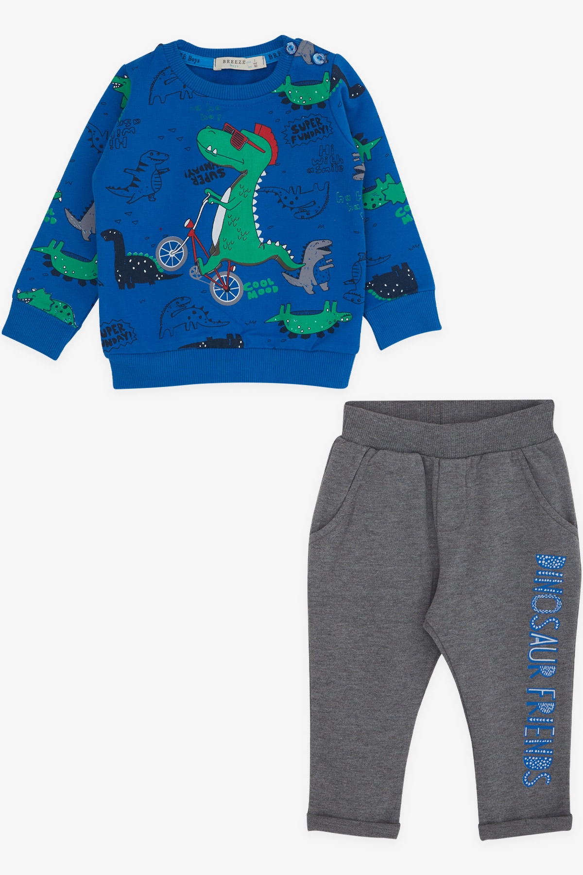 Breeze Erkek Bebek Eşofman Takımı Dinozor Baskılı Mavi (9 Ay-1 Yaş)