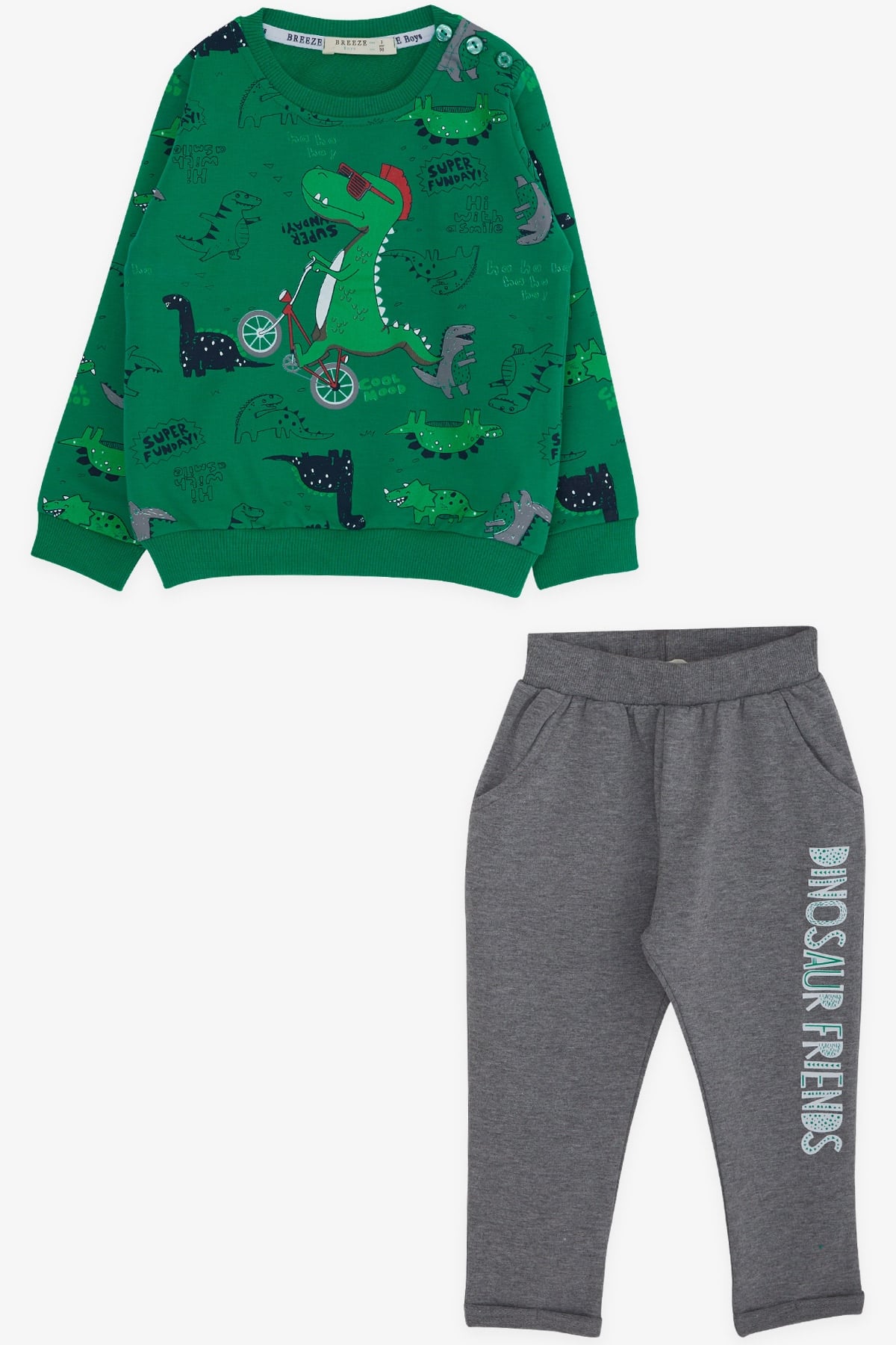Breeze Erkek Bebek Eşofman Takımı Dinozor Baskılı Yeşil (9 Ay-1 Yaş)