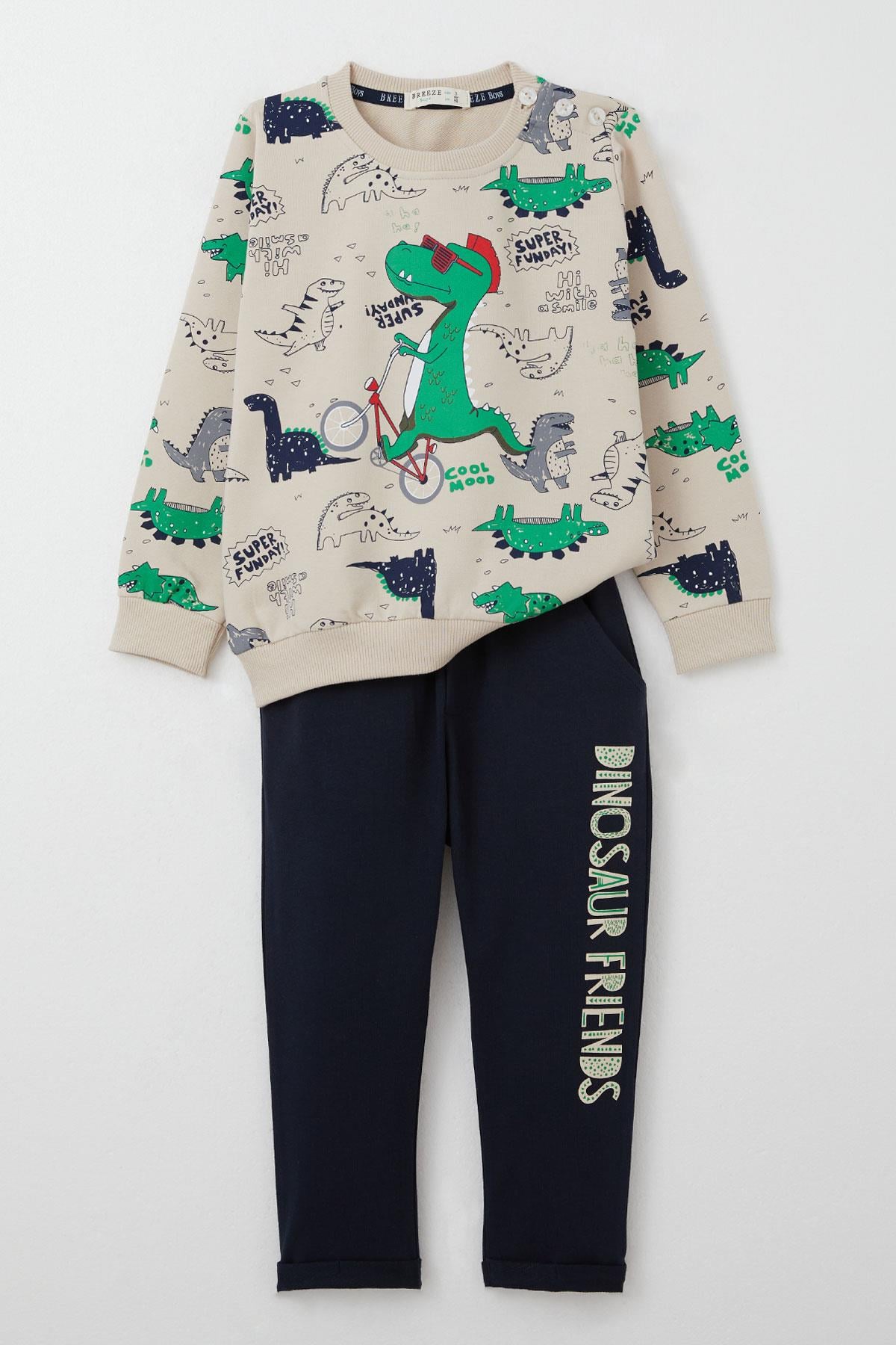 Breeze Erkek Bebek Eşofman Takımı Dinozor Baskılı Bej (9 Ay-3 Yaş)