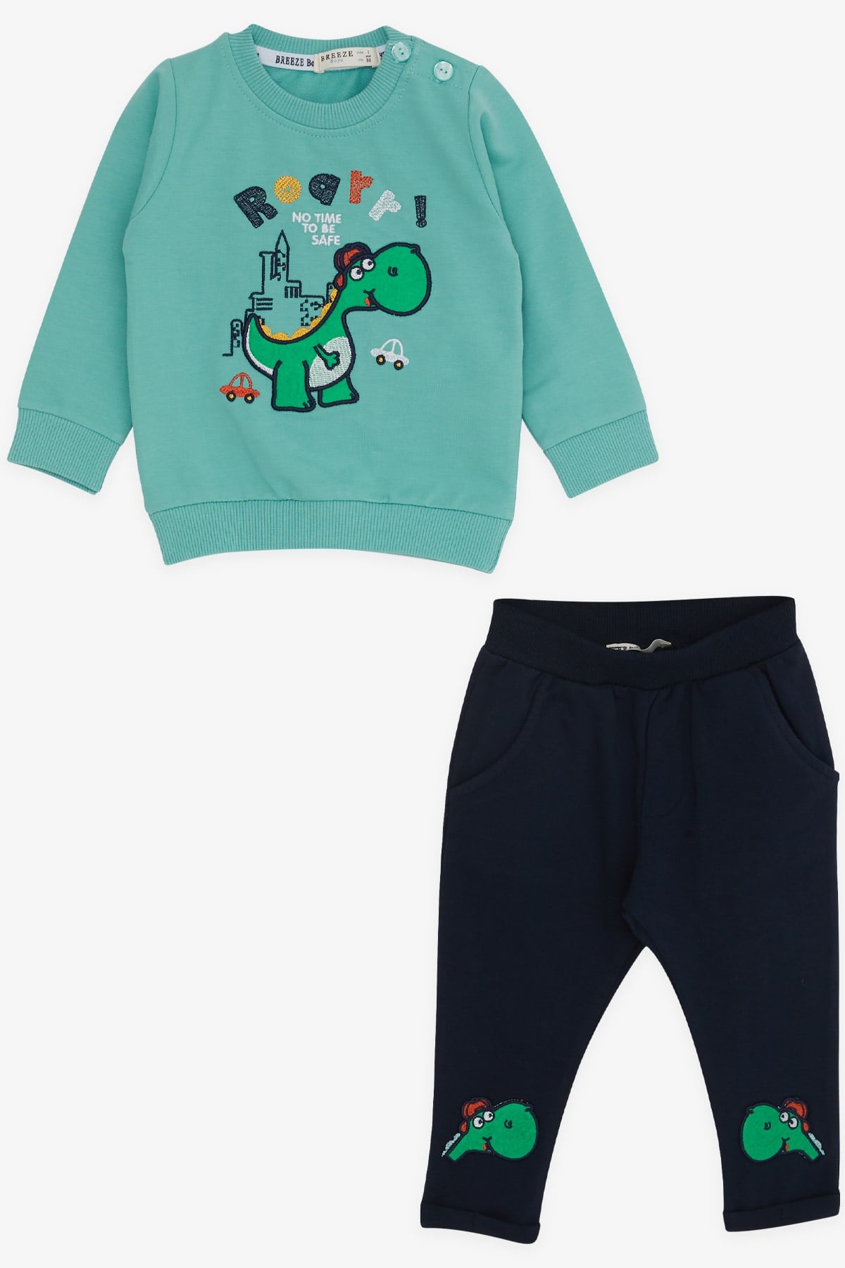 Breeze Erkek Bebek Eşofman Takımı Dinozor Nakışlı Mint Yeşili (6 Ay-2 Yaş)