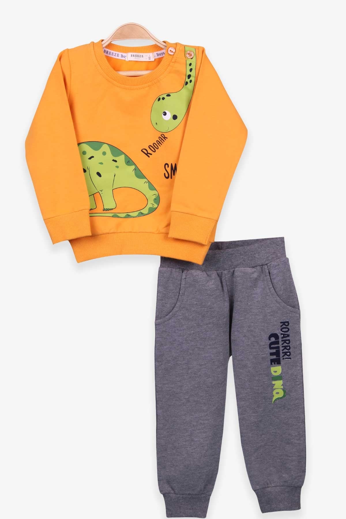 Breeze Erkek Bebek Eşofman Takımı Dinozor Baskılı Hardal Sarı (9 Ay-3 Yaş)