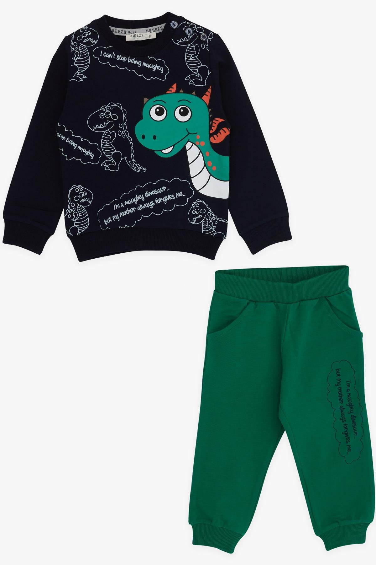Breeze Erkek Bebek Eşofman Takımı Dinozor Desenli Lacivert (1-2 Yaş)