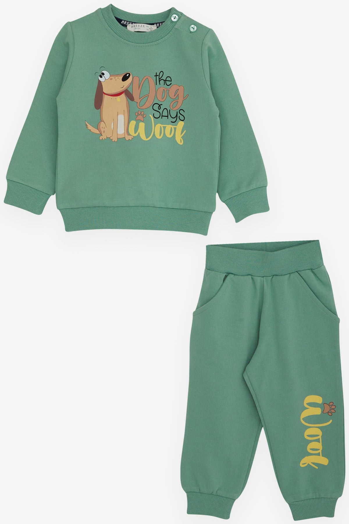 Breeze Erkek Bebek Eşofman Takımı Şaşkın Köpekcik Baskılı Mint Yeşili (9 Ay-3 Yaş)