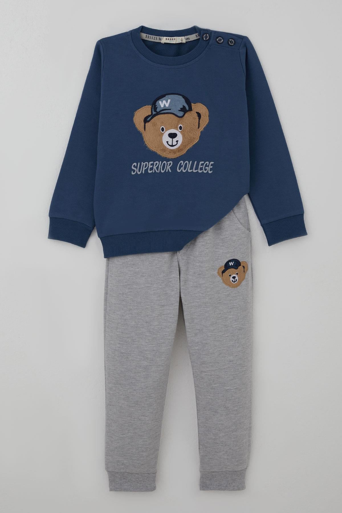 Breeze Erkek Bebek Eşofman Takımı Sevimli Ayıcık Aplikeli Kolej Model İndigo (9 Ay-3 Yaş)