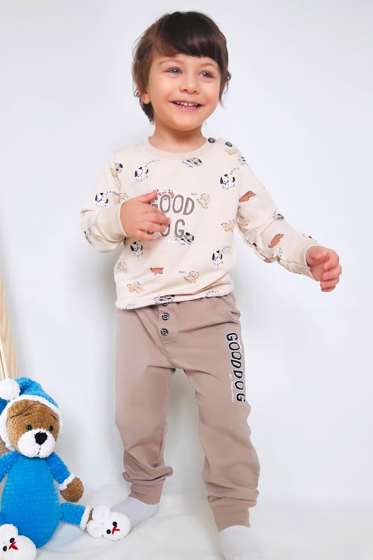 Breeze Erkek Bebek Eşofman Takımı Sevimli Köpekçikler Desenli Bej (9 Ay-3 Yaş)