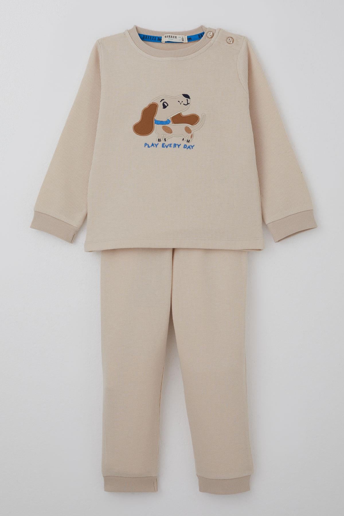 Breeze Erkek Bebek Eşofman Takımı Sevimli Köpekçik Nakışlı Krem (9 Ay-3 Yaş)