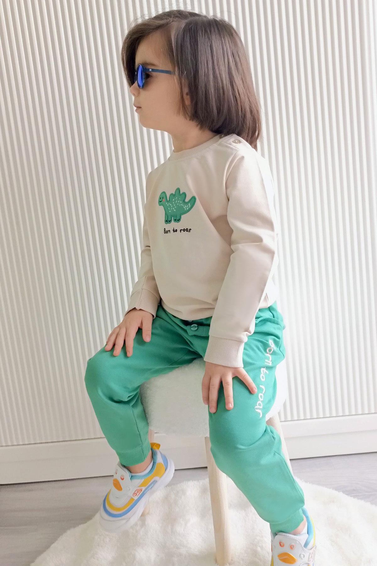 Breeze Erkek Bebek Eşofman Takımı Sevimli Dinozor Nakışlı Bej (9 Ay-3 Yaş)