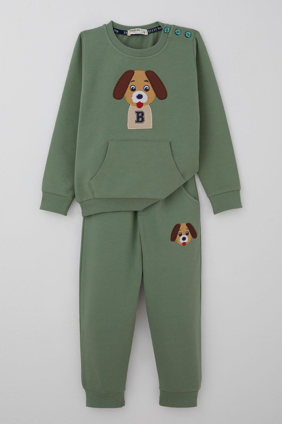 Breeze Erkek Bebek Eşofman Takımı Sevimli Köpekçik Nakışlı Kanguru Cepli Mint Yeşili (9 Ay-3 Yaş)