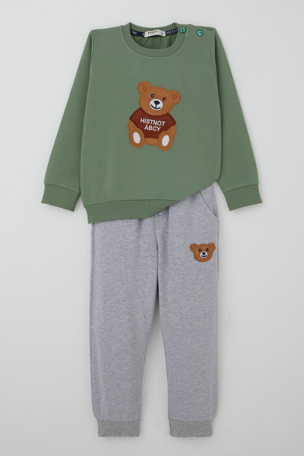 Breeze Erkek Bebek Eşofman Takımı Sevimli Ayıcık Nakış Detaylı Mint Yeşili (9 Ay-3 Yaş)
