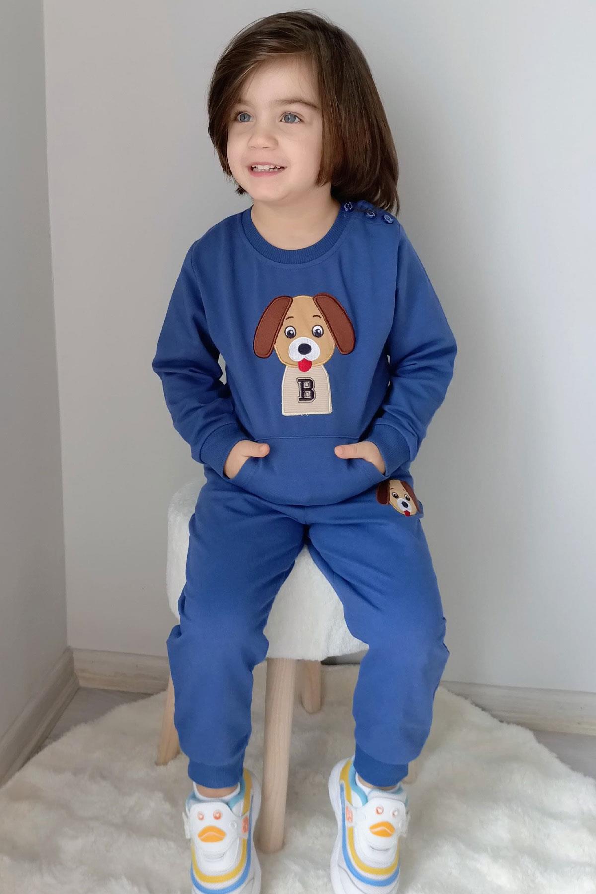 Breeze Erkek Bebek Eşofman Takımı Sevimli Köpekçik Nakışlı Kanguru Cepli İndigo (9 Ay-3 Yaş)