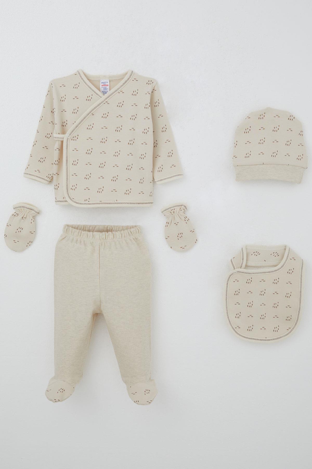 Breeze Erkek Bebek Hastane Çıkış 5 li Desenli Bej (0-3 Ay)
