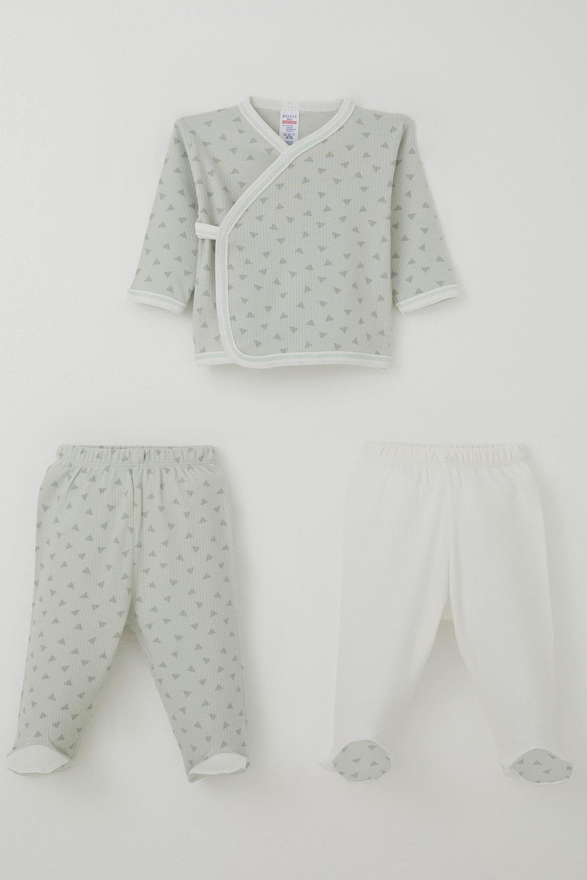 Breeze Erkek Bebek Hastane Çıkışı 3 lü Minik Üçgenler Desenli Su Yeşili (0-4 Ay)