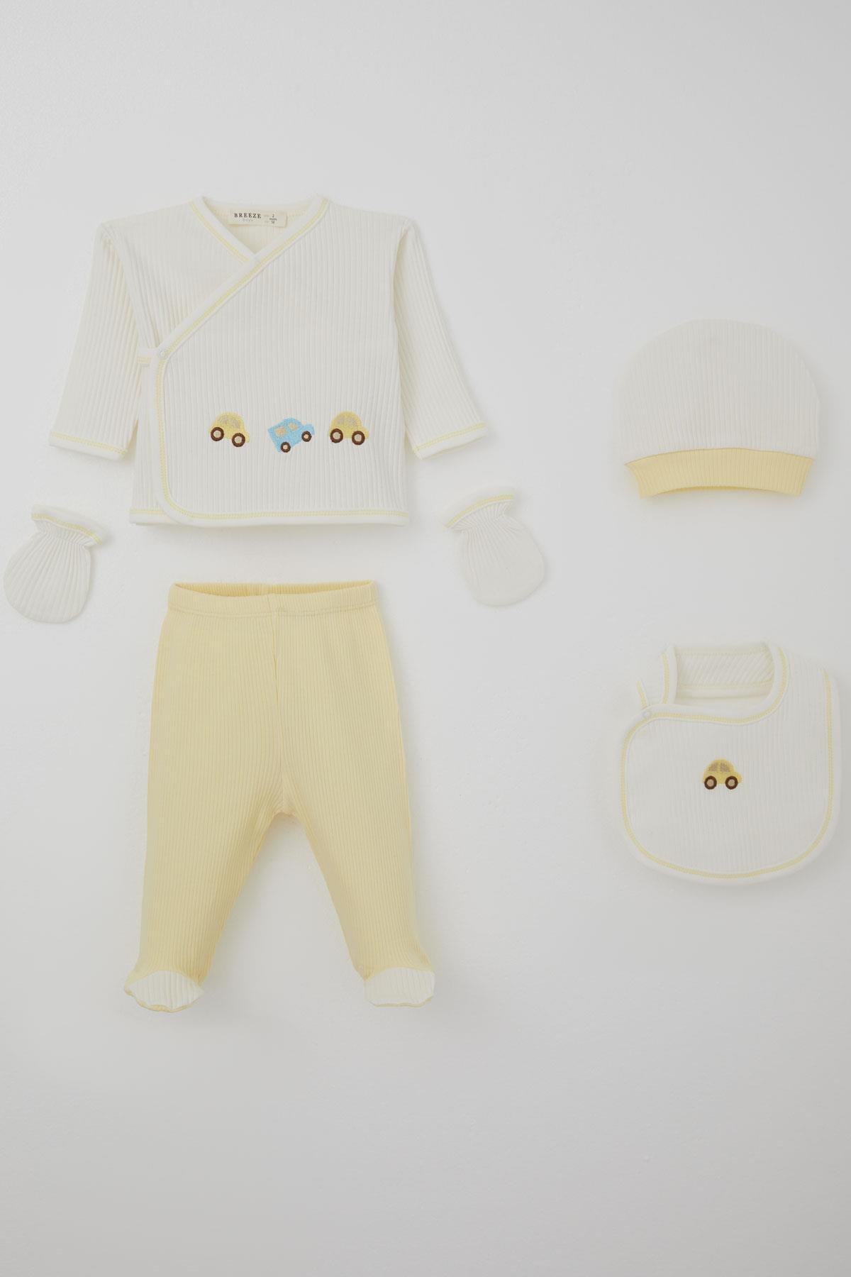 Breeze Erkek Bebek Hastane Çıkışı 5 li Renkli Araba Nakışlı Ekru (0-3 Ay)