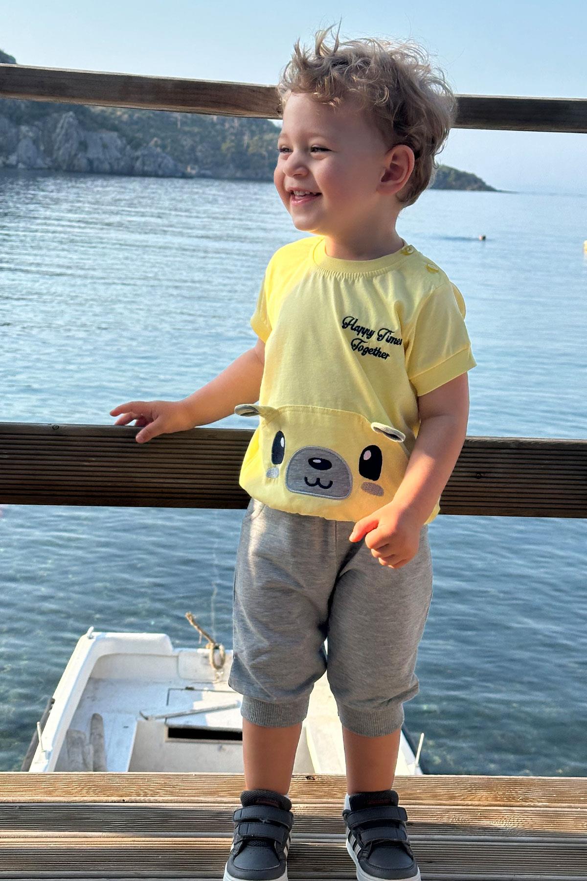 Breeze Erkek Bebek Kapri Takım Sevimli Ayıcık Nakışlı Sarı (9 Ay-2 Yaş)