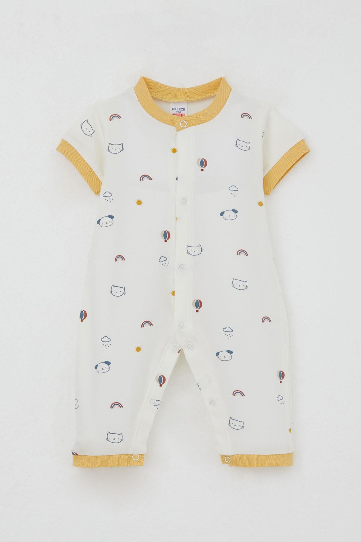 Breeze Erkek Bebek Kısa Kollu Tulum Gökyüzü Temalı Hayvancık Desenli Ekru (0-6 Ay)
