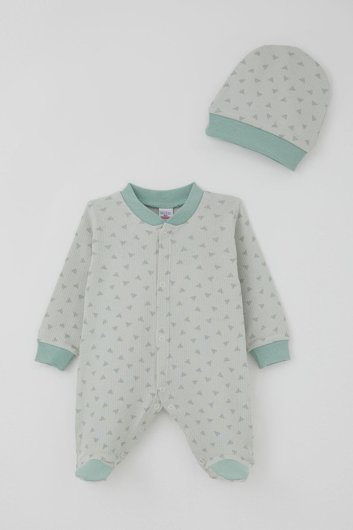 Breeze Erkek Bebek Patikli Tulum Mini Üçgenler Desenli Su Yeşili (0-6 Ay)