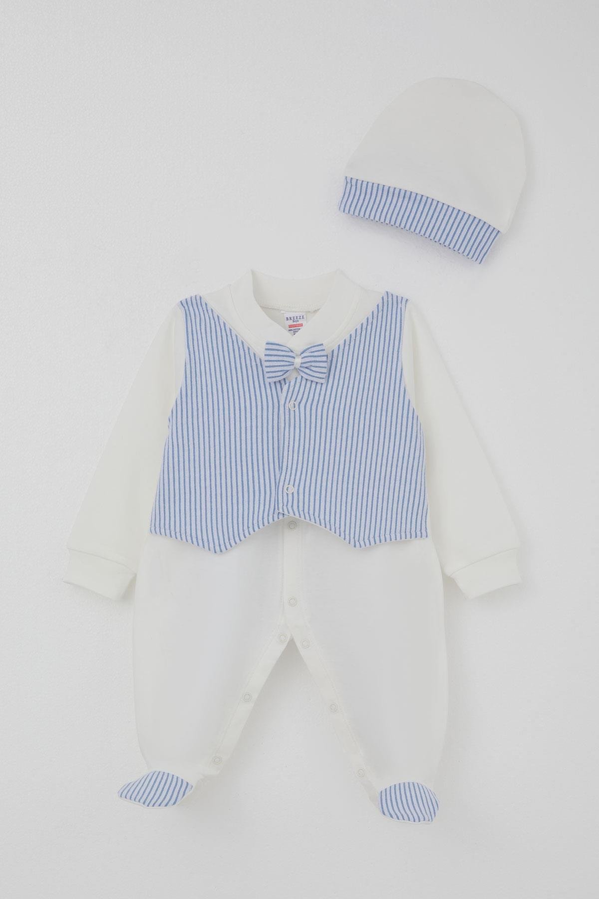 Breeze Erkek Bebek Patikli Tulum Sabit Papyonlu Yelekli Beyaz (0-6 Ay)