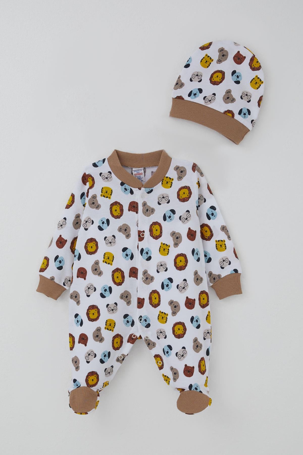 Breeze Erkek Bebek Patikli Tulum Sevimli Hayvancıklar Desenli Beyaz (0-6 Ay)