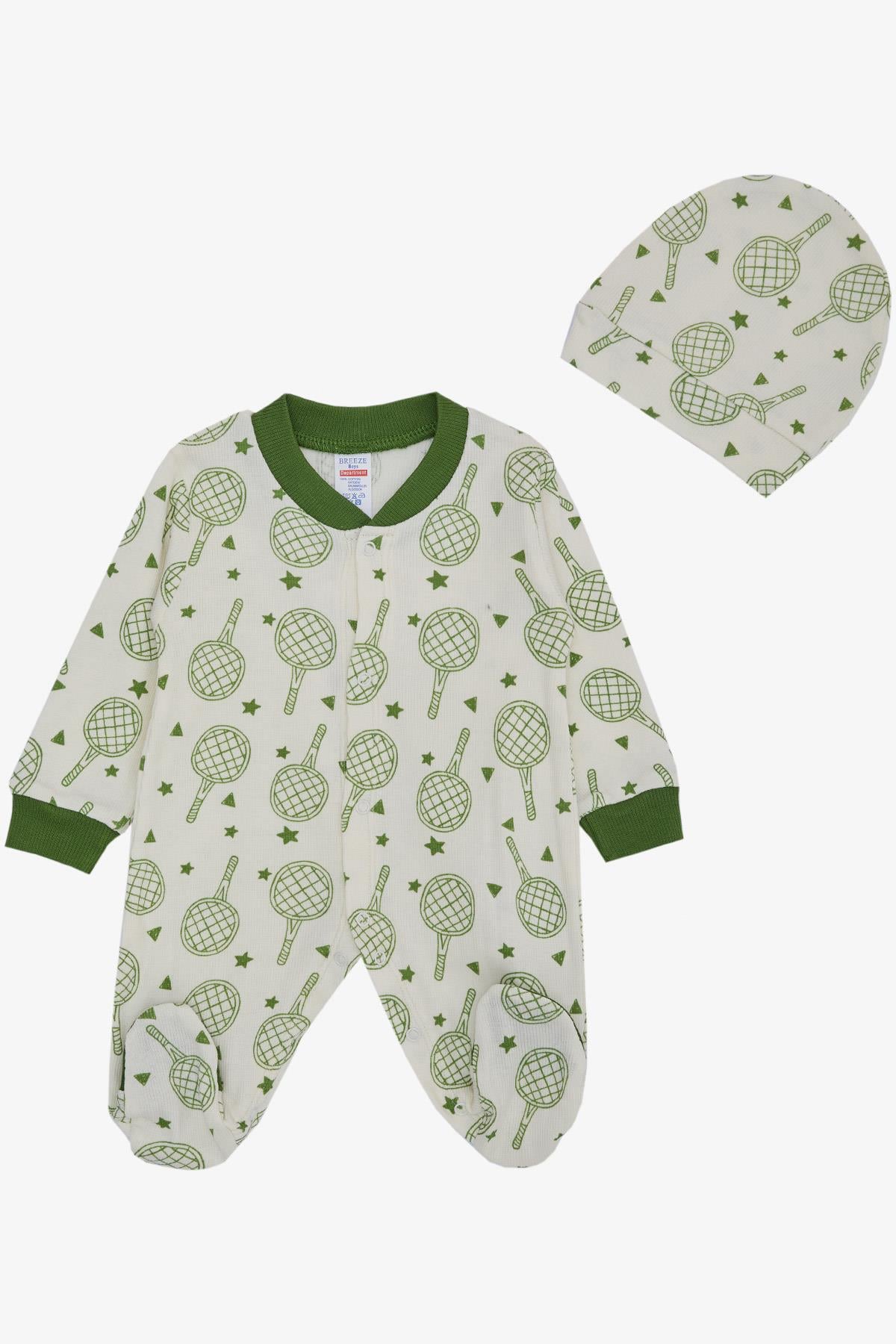 Breeze Erkek Bebek Patikli Tulum Spor Temalı Raket Desenli Ekru (0-6 Ay)