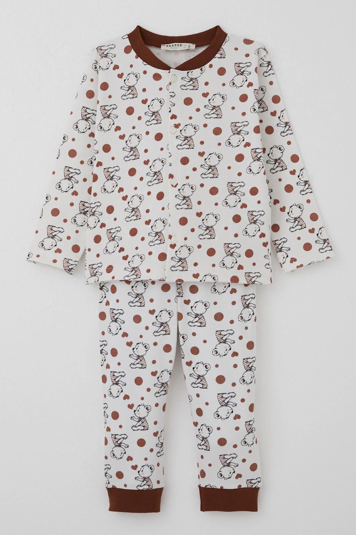 Breeze Erkek Bebek Pijama Takımı Bebek Sevimli Ayıcık Desenli Ekru (4 Ay-1 Yaş)