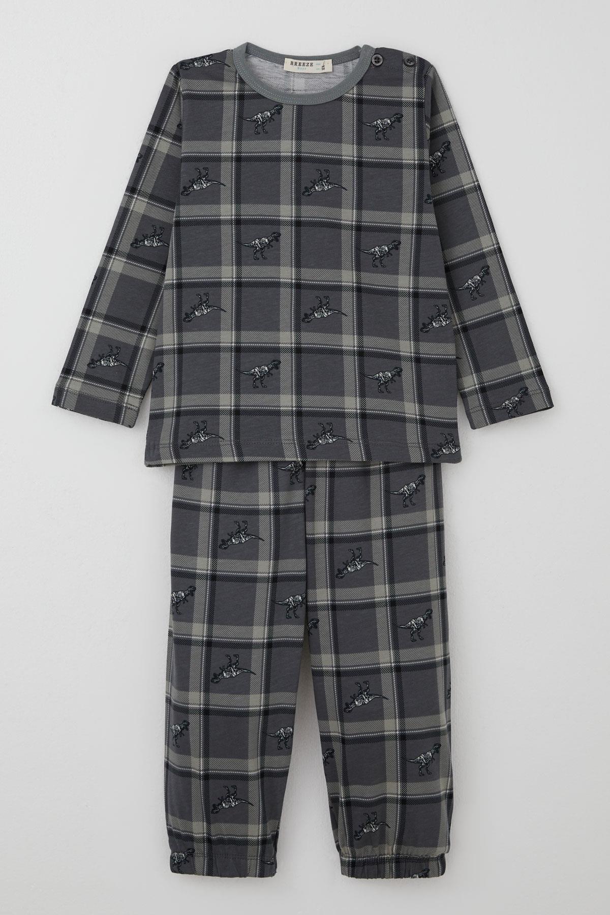 Breeze Erkek Bebek  Pijama Takımı Dinozor Krallığı Ekose Desenli Gri (9 Ay-3 Yaş)