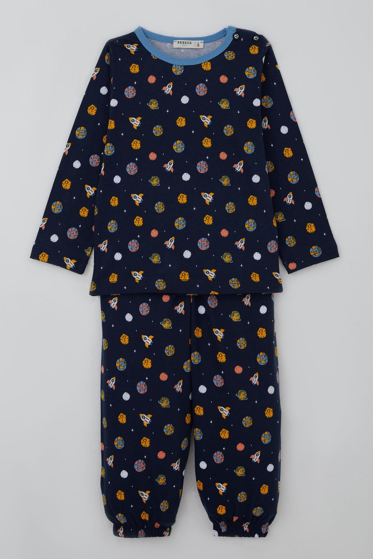 Breeze Erkek Bebek Pijama Takımı Galaksi Temalı Lacivert (9 Ay-3 Yaş)