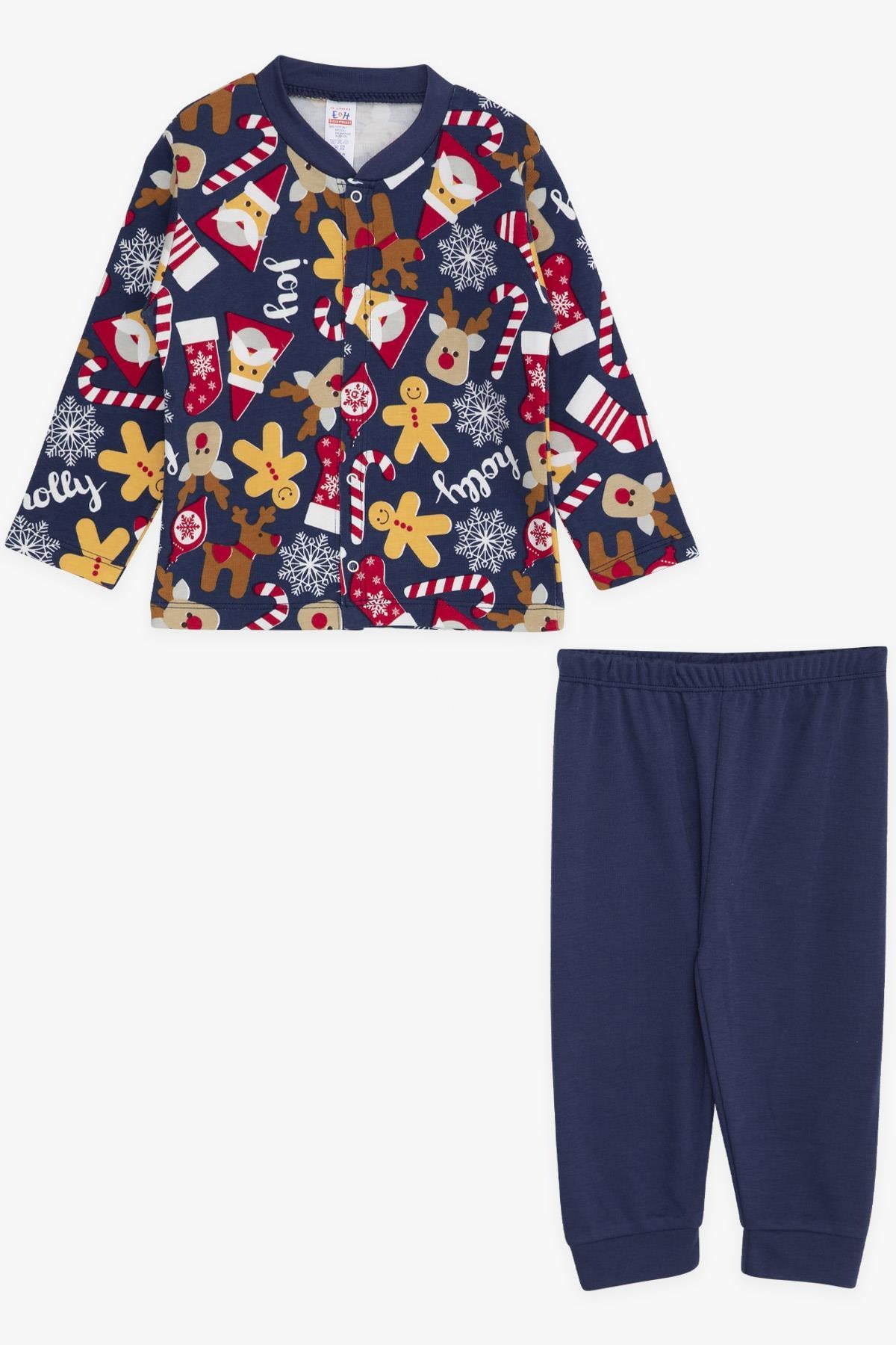 Breeze Erkek Bebek Pijama Takımı Kurabiye Desenli Yılbaşı Temalı Koyu Mavi (4 Ay-1 Yaş)