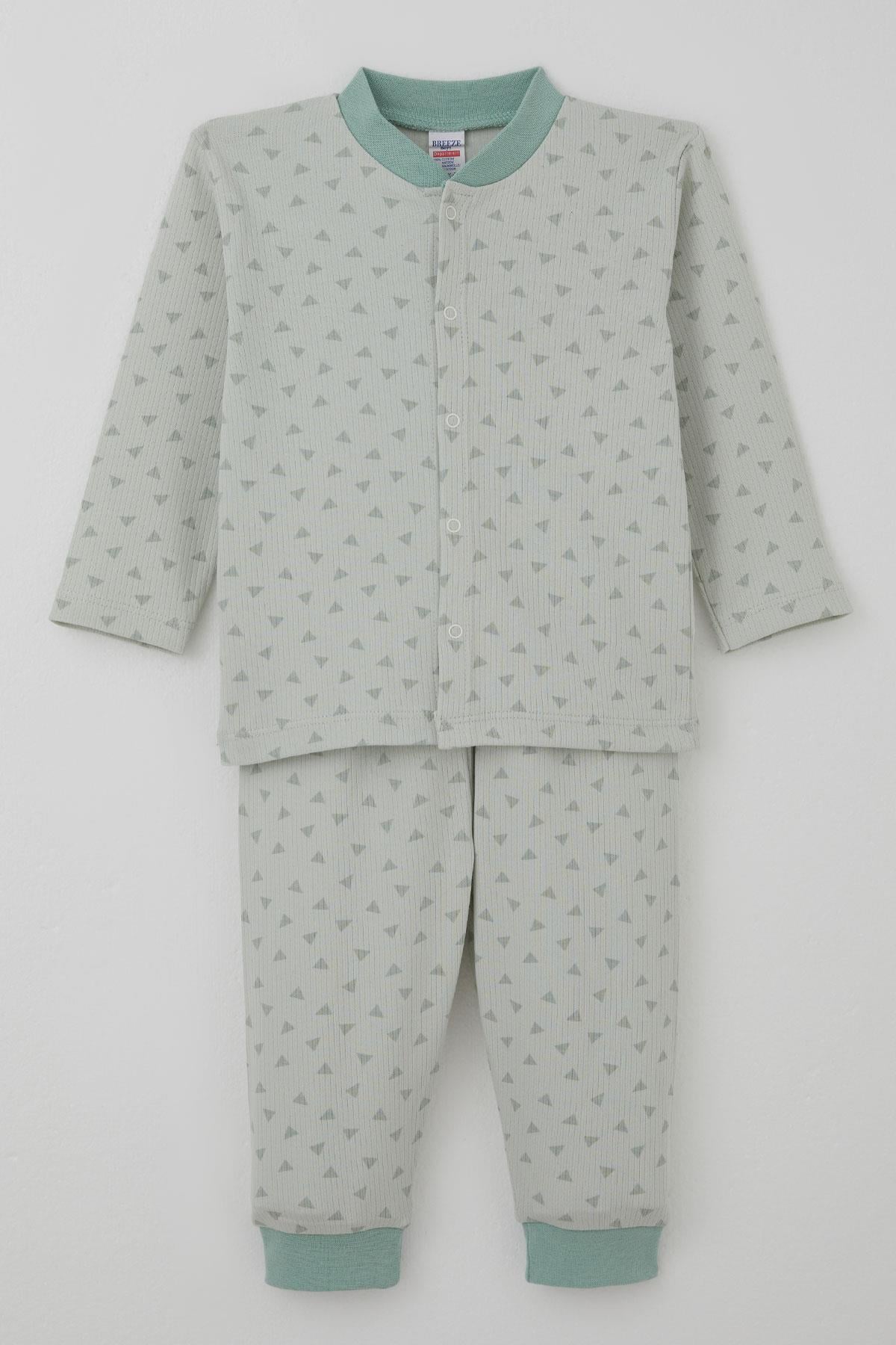 Breeze Erkek Bebek Pijama Takımı Mini Üçgenler Desenli Önden Çıtçıtlı Su Yeşili (4 Ay-1 Yaş)