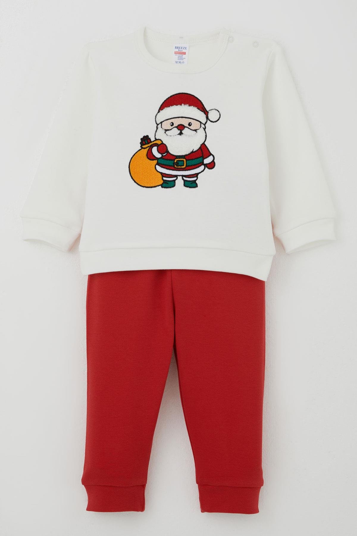 Breeze Erkek Bebek Pijama Takımı Omuzdan Patlı Yılbaşı Temalı Noel Baba Nakışlı Ekru (4 Ay-1 Yaş)