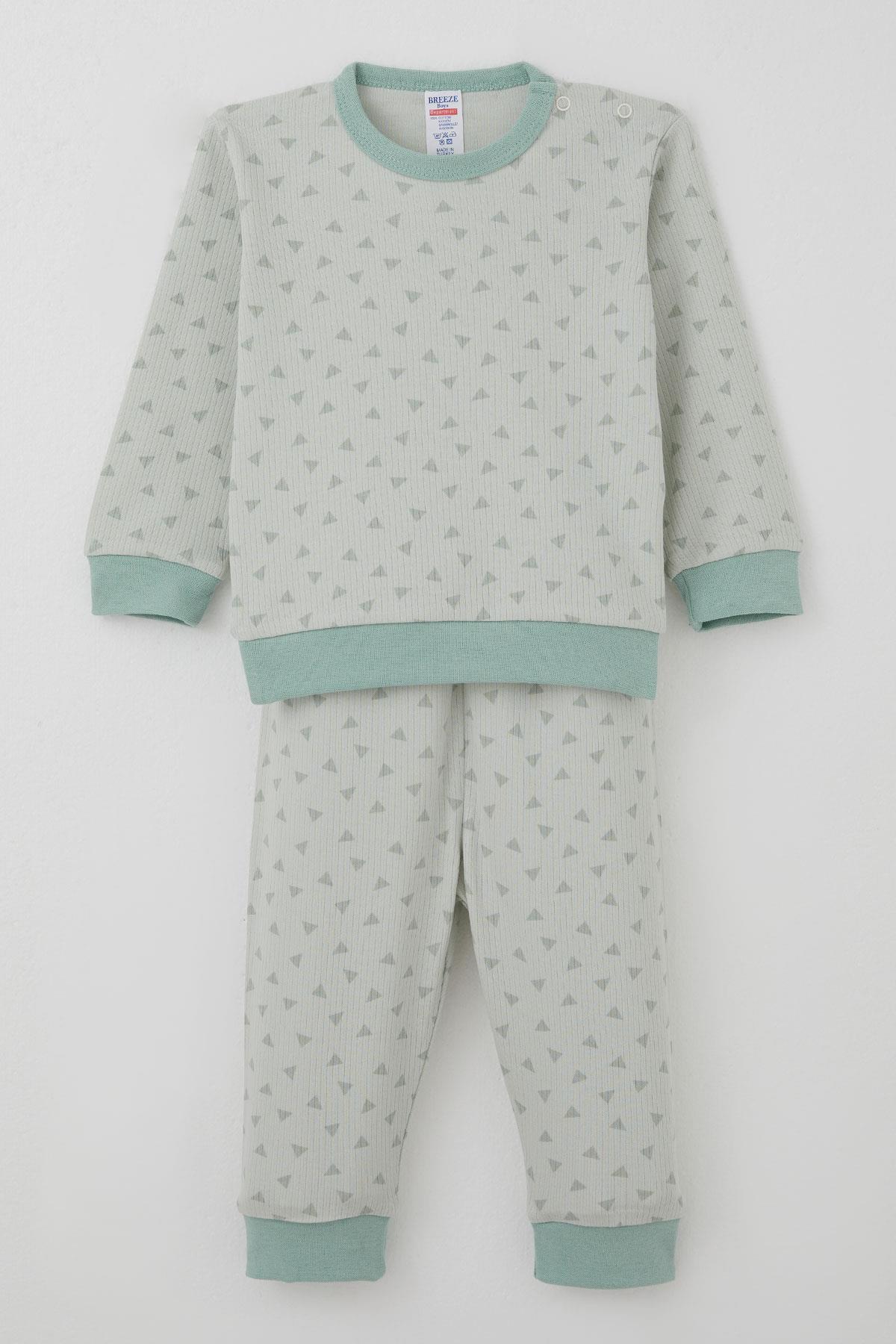 Breeze Erkek Bebek Pijama Takımı Omuzdan Patlı Mini Üçgenler Desenli Su Yeşili (4 Ay-1 Yaş)