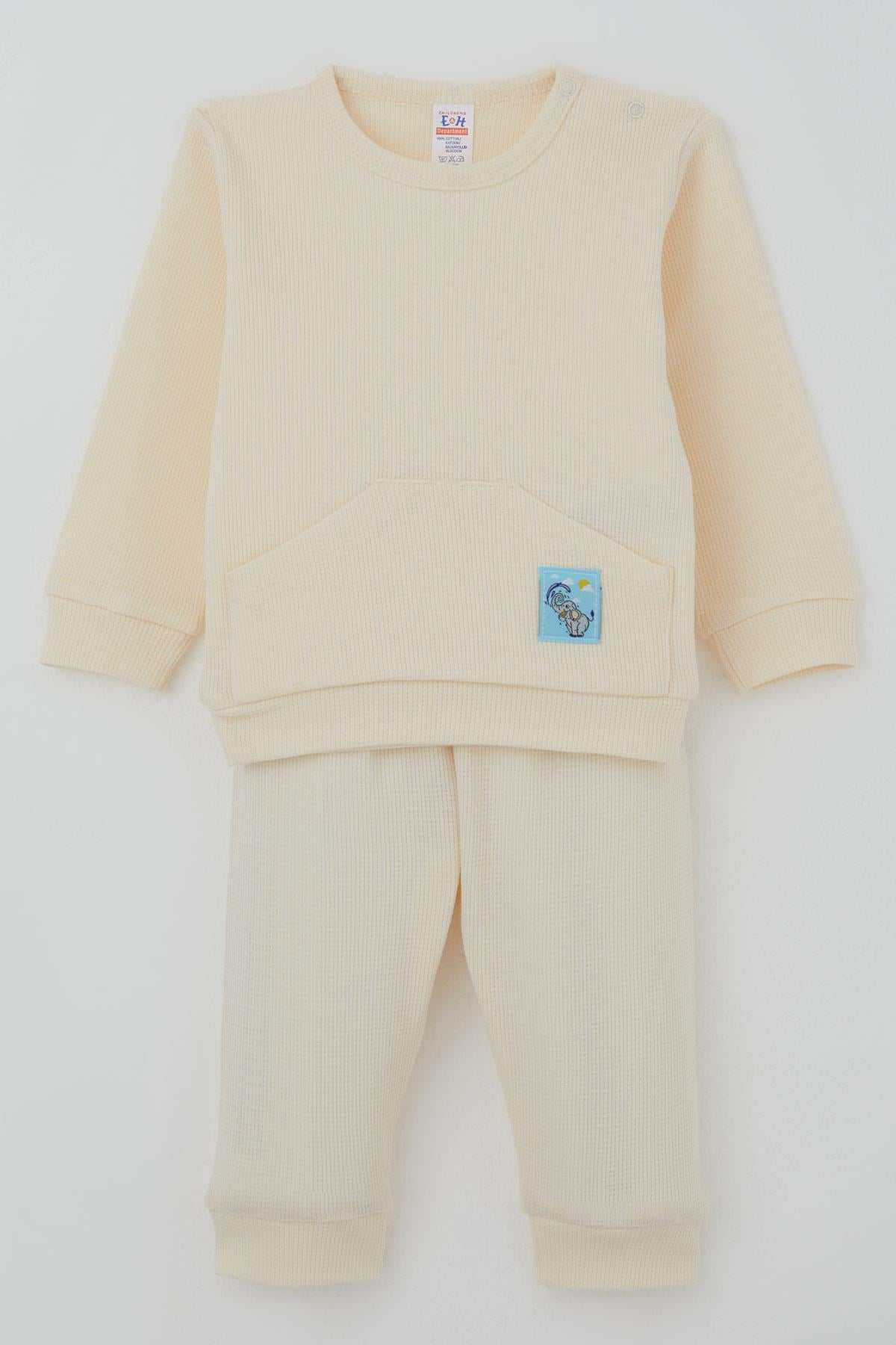 Breeze Erkek Bebek Pijama Takımı Omuzdan Patlı Kanguru Cepli Sevimli Fil Armalı Krem (4 Ay-1 Yaş)